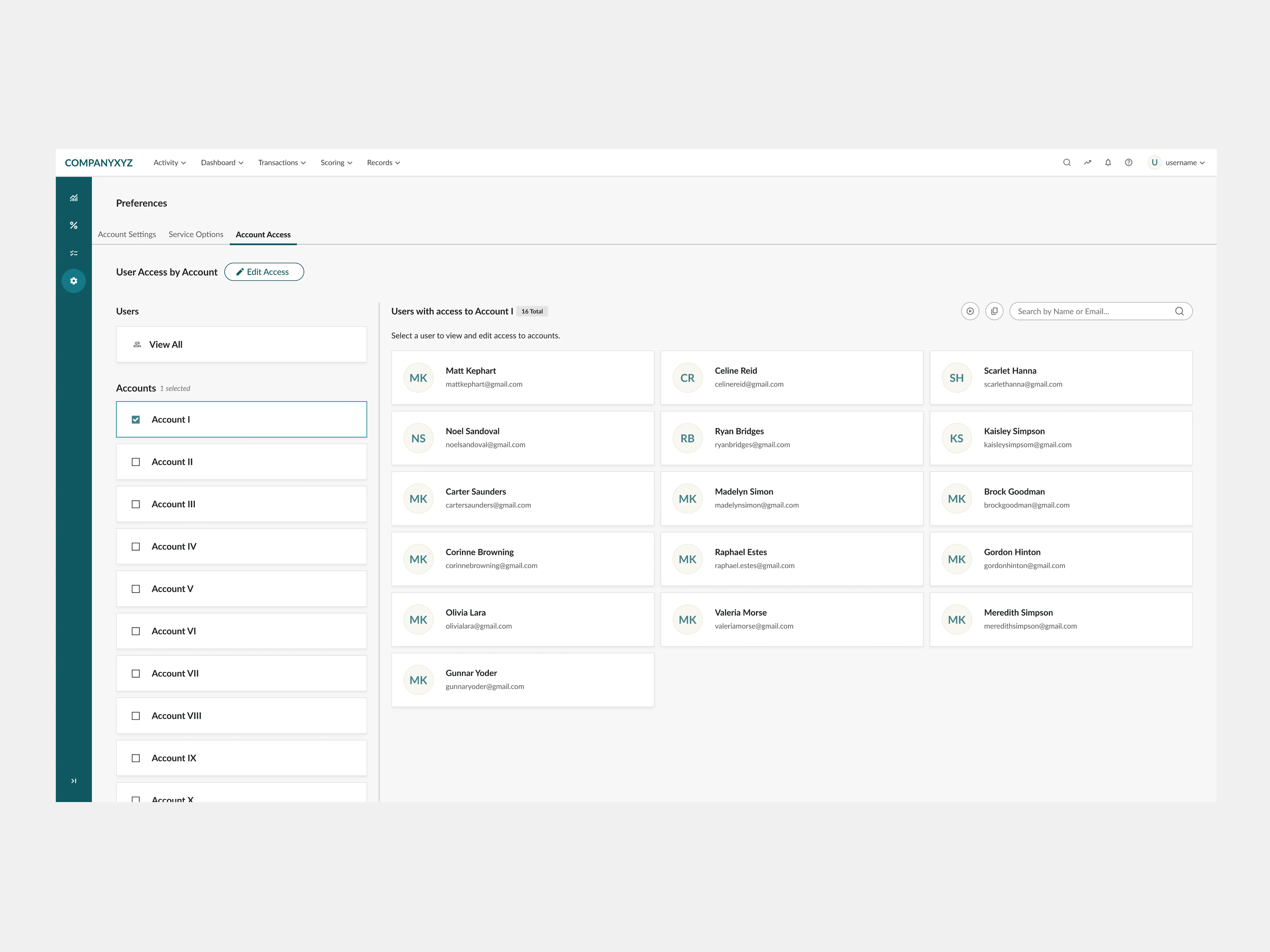 Account-level access view listing every user with access to a selected account