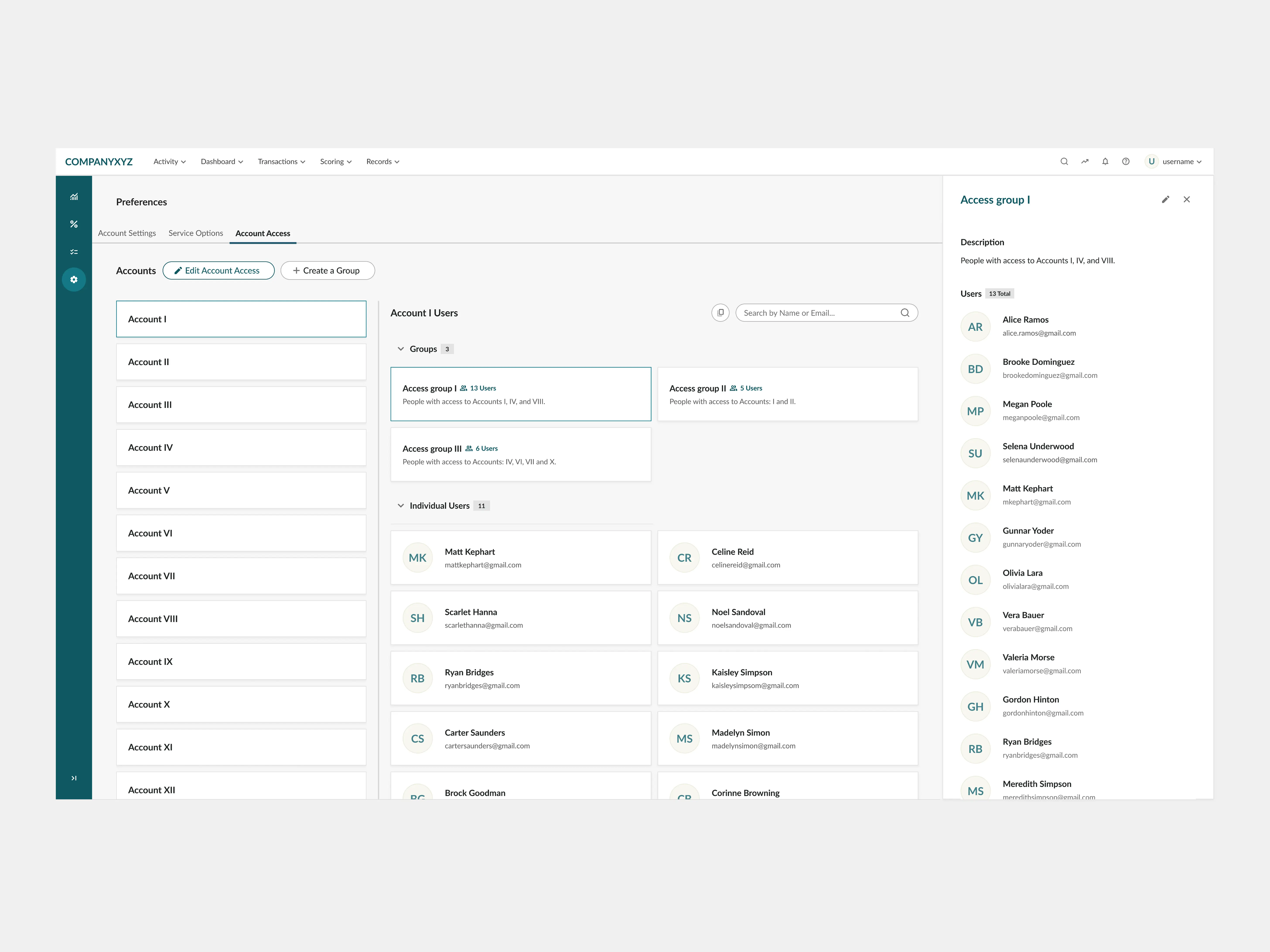 Early access-management design using a Groups concept, showing access groups defined by shared account combinations alongside individually assigned users