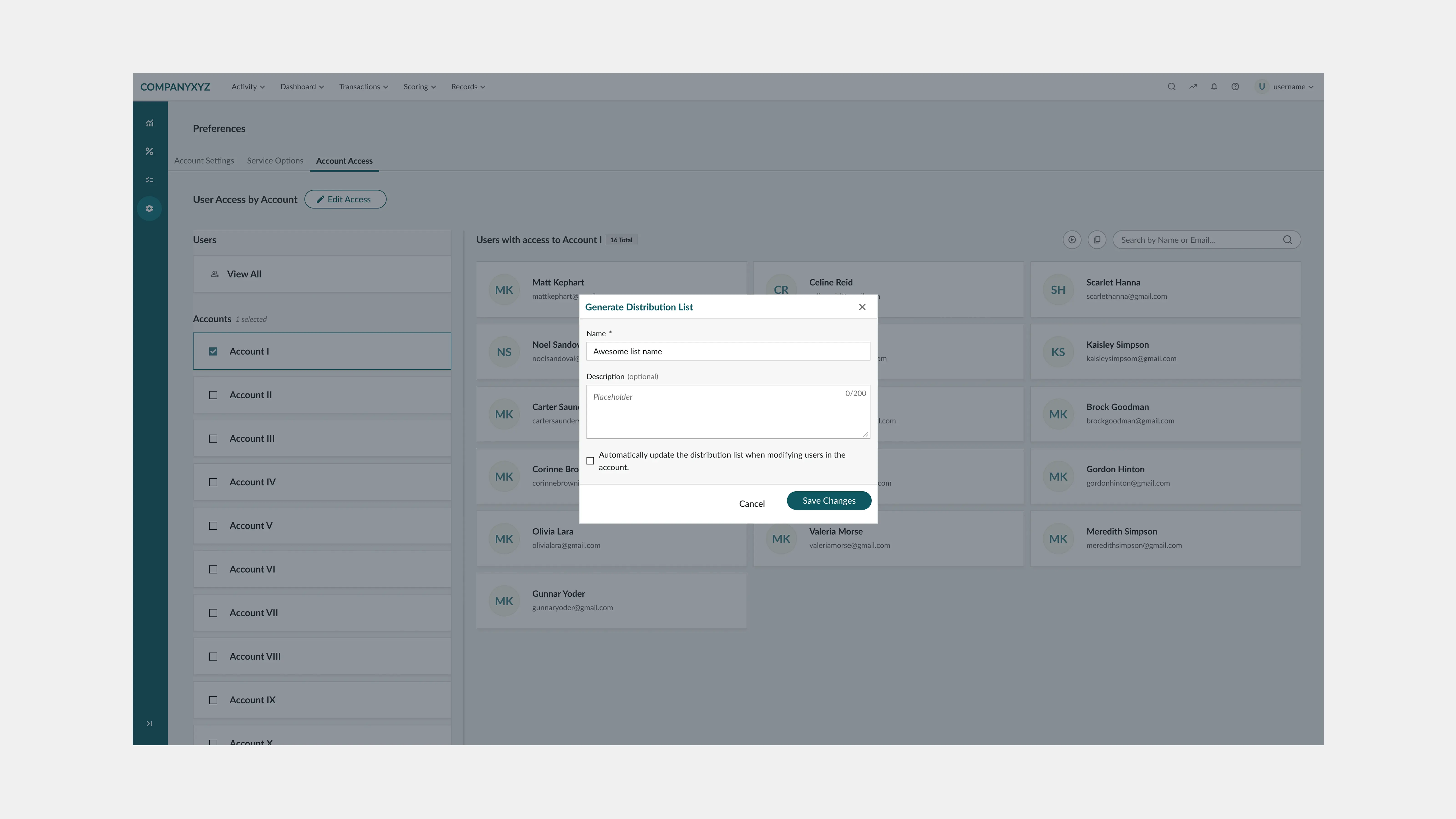 Generate Distribution List modal for creating a named, optionally auto-updating email list from an account's current users