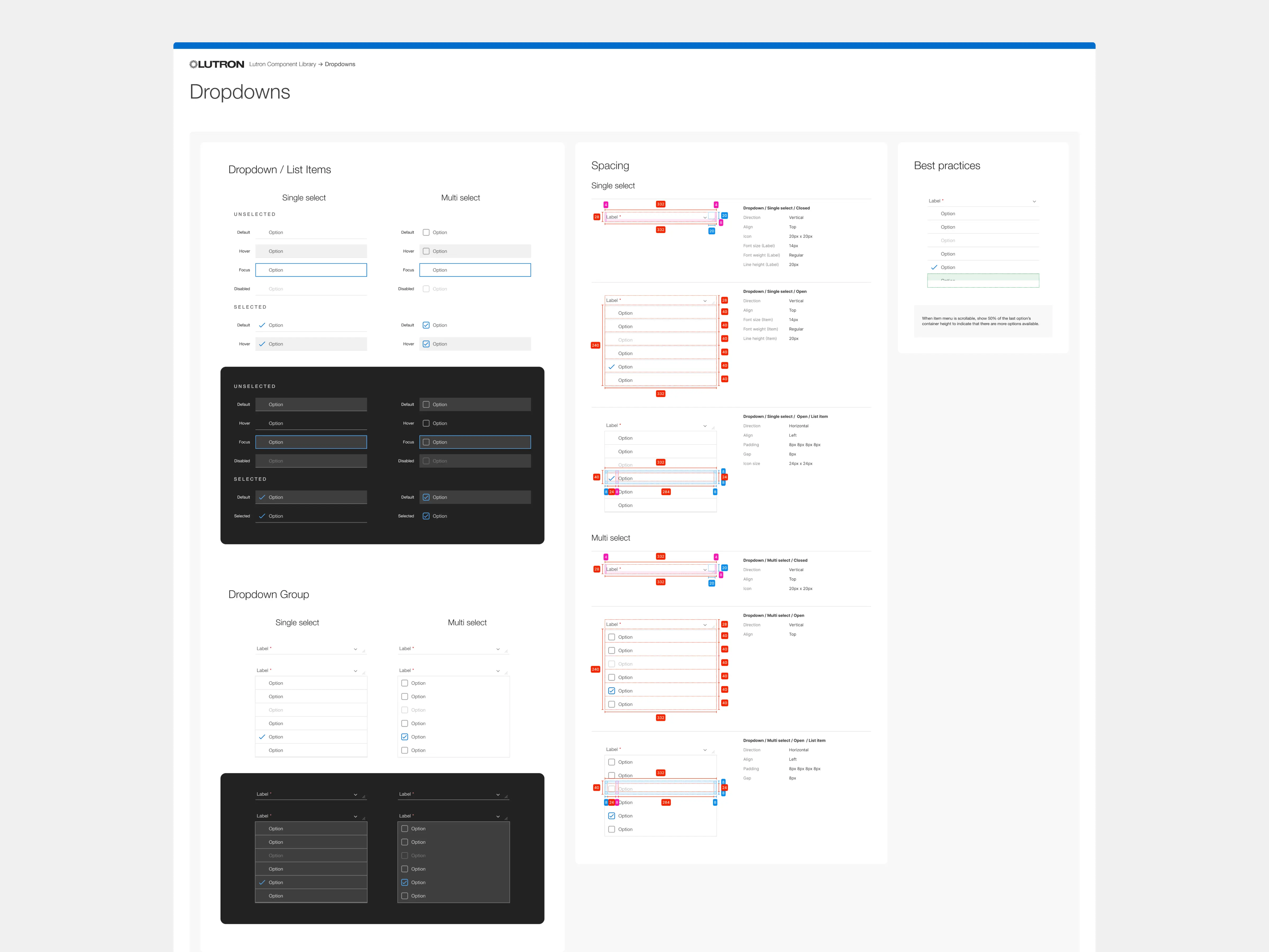 Dropdown component documentation showing single-select and multi-select states, spacing specifications, and best-practice examples