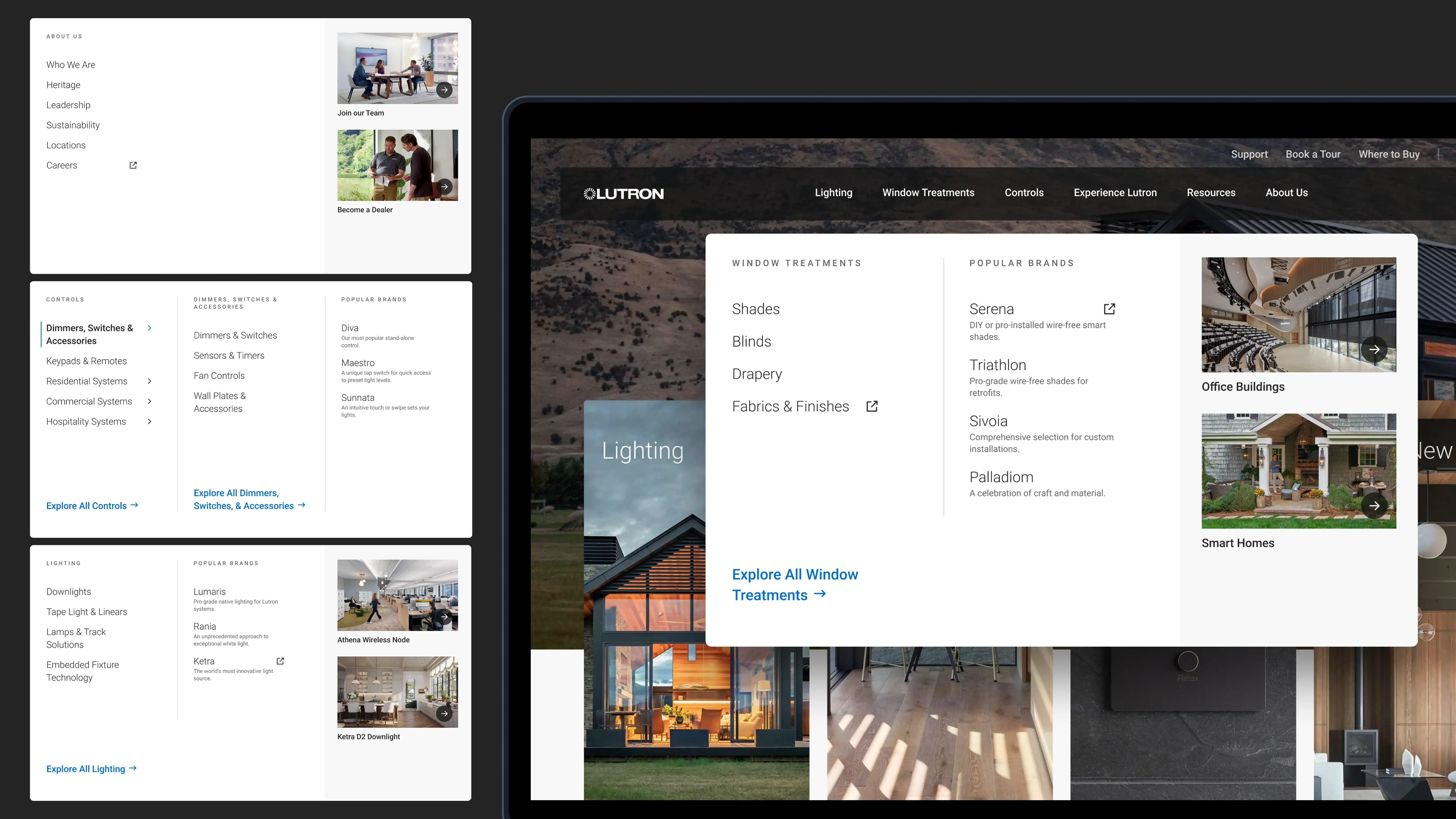 Desktop mega-menu navigation showing About Us, Controls, and Lighting dropdown panels with linked pages and promotional images