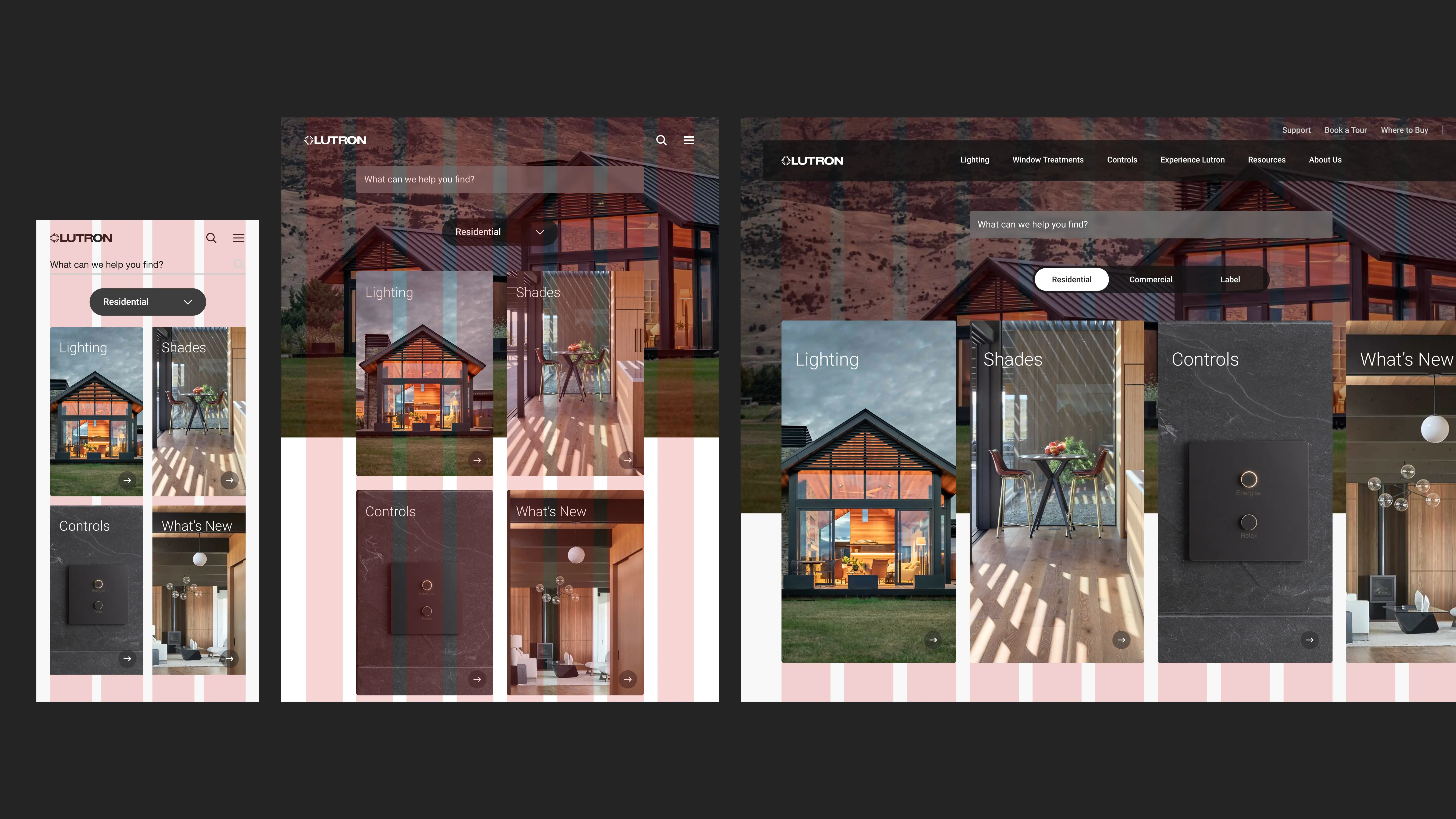 Lutron homepage layouts at mobile, tablet, and desktop sizes with grid overlay, showing the Lighting, Shades, Controls, and What’s New tiles