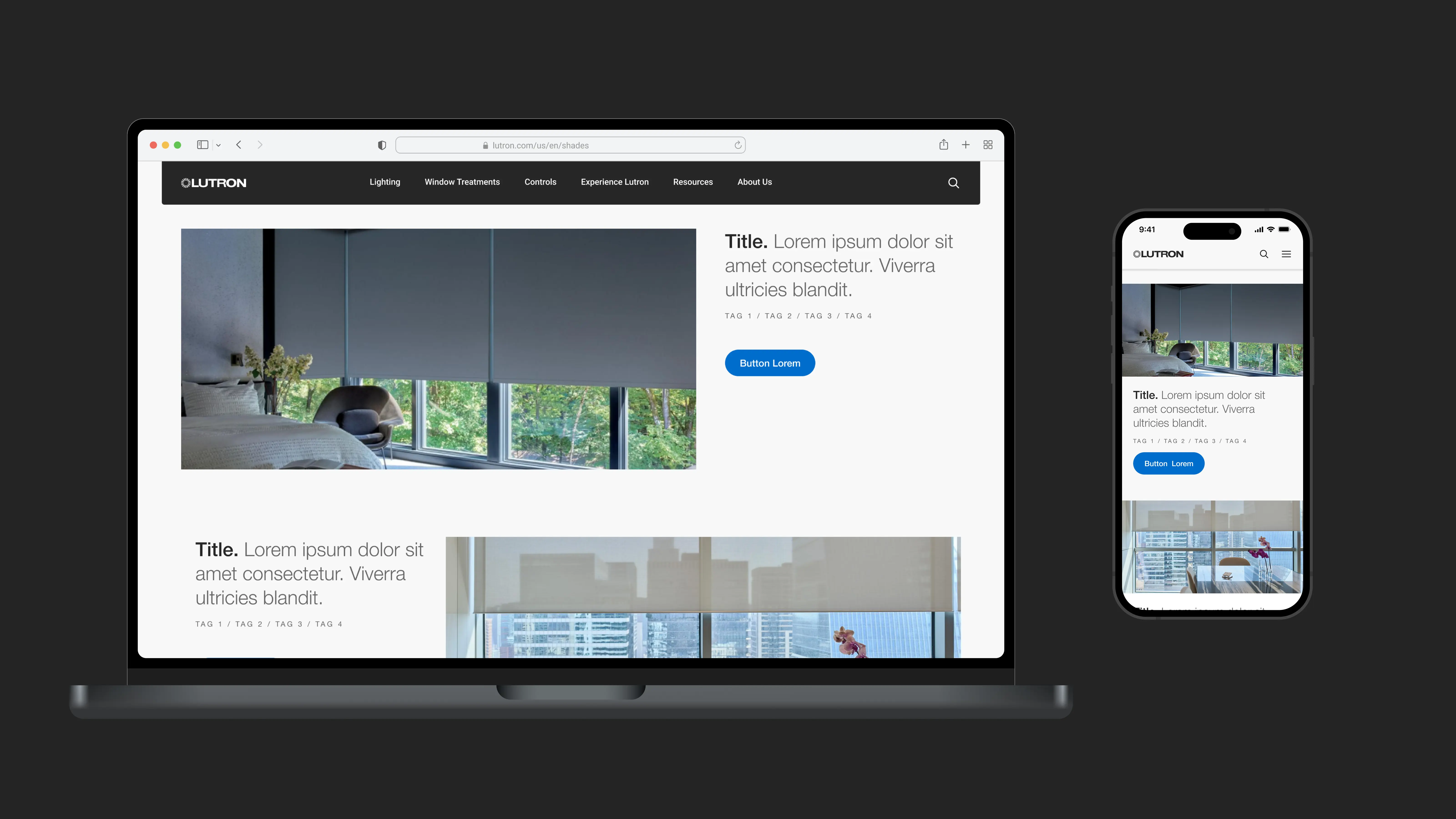 Lutron shades page template shown on desktop and mobile browsers with hero image, title, tags, and call-to-action button placeholders