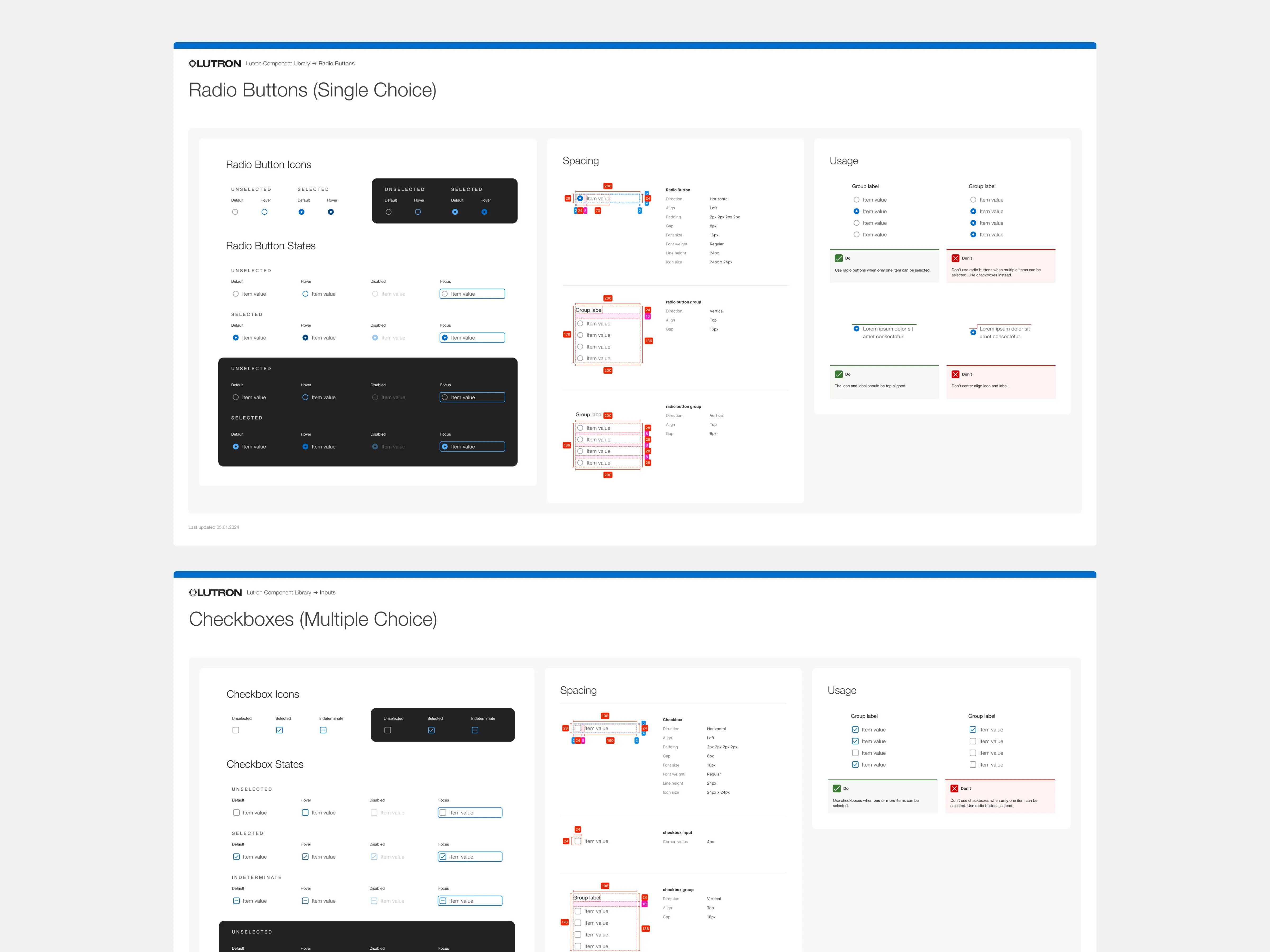 Radio button and checkbox component documentation showing selection states, spacing specifications, and usage guidelines
