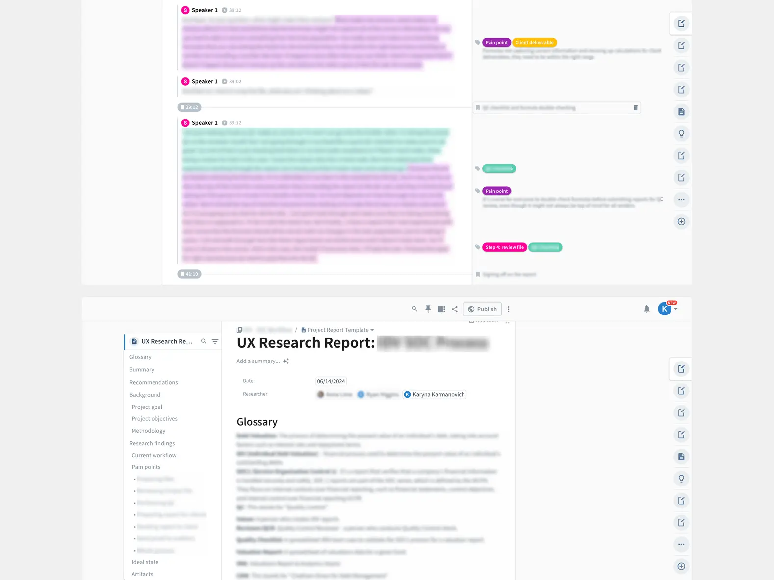 Sticky notes synthesizing research insights from interviews